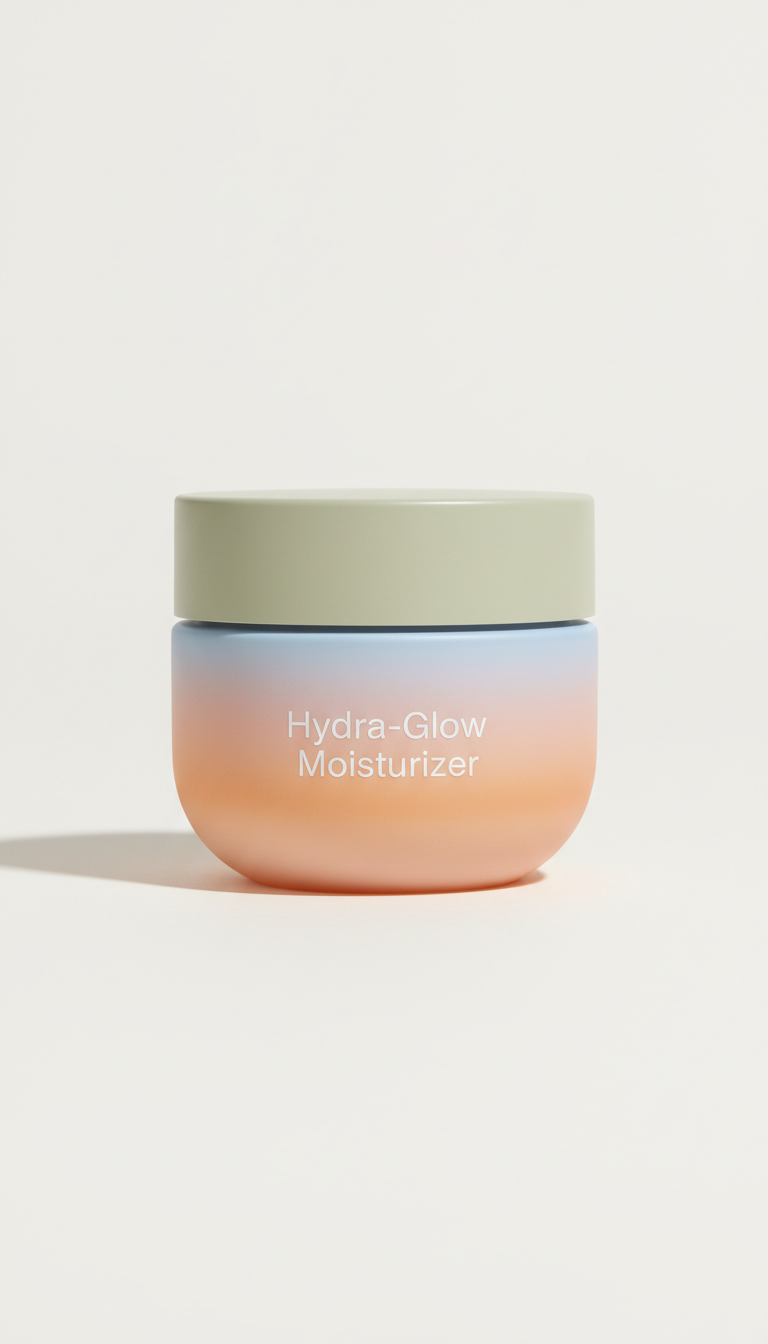 Hydra-Glow Moisturizer, Default angle is three-quarter front at low eye level to hero the packaging silhouette and...