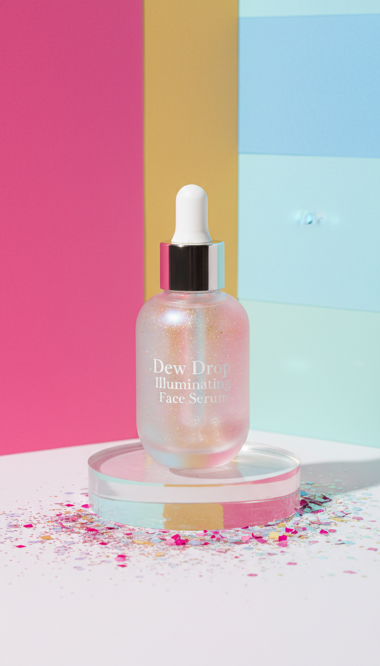 Dew Drop Illuminating Face Serum, Three-quarter angle hero shot on pastel color-blocked backgrounds (never plain white),...